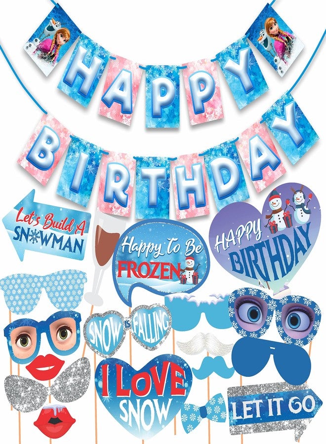 WOBBOX Happy Birthday Frozen Theme Party Props Blue Color with Icing Background Blue & Pink Color Font Bunting Banner Combo, 18 Pcs - Image 1